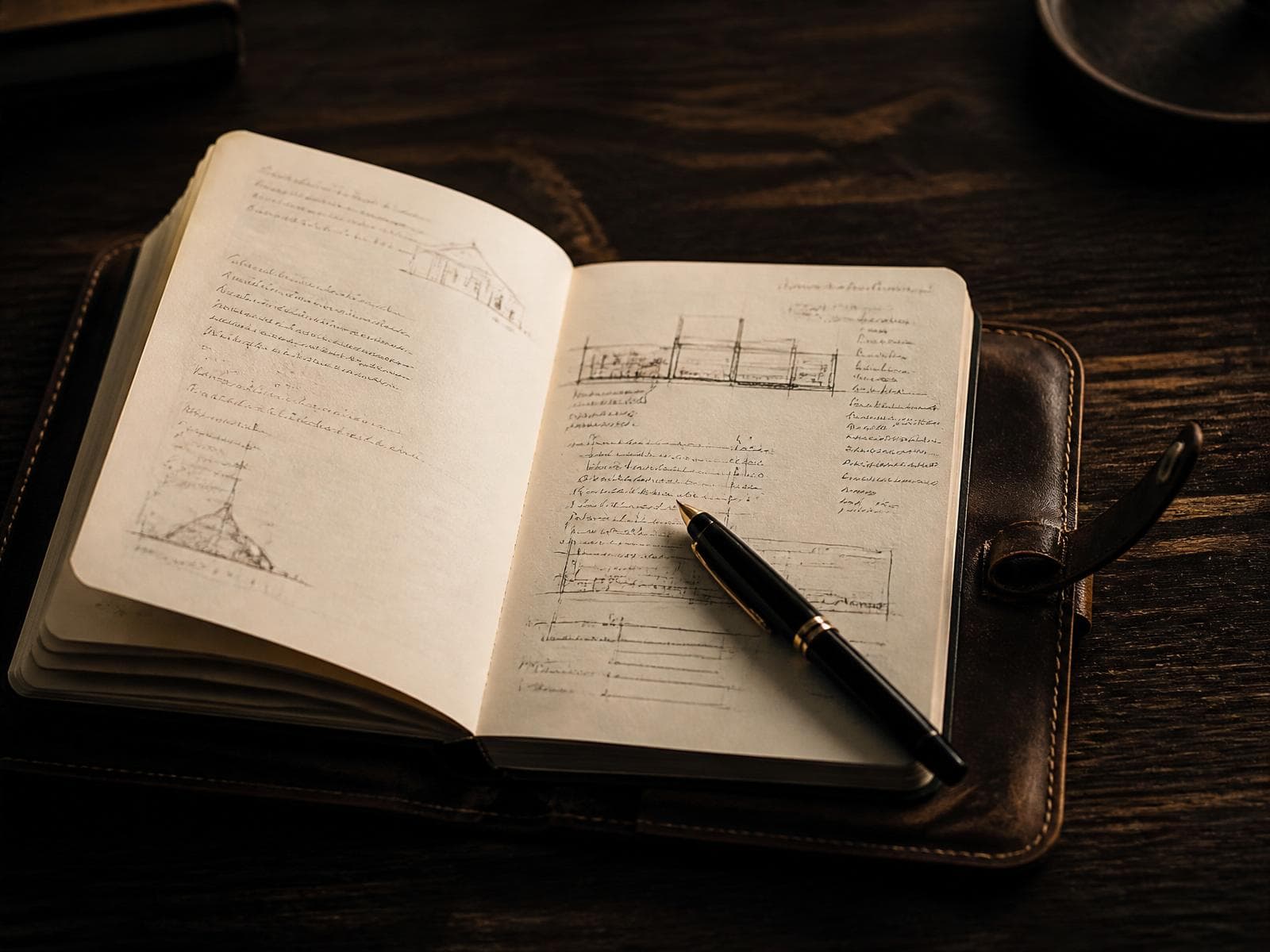 A leather sketchbook open on a walnut desk, a fountain pen resting on hand-drawn diagrams and margin notes.