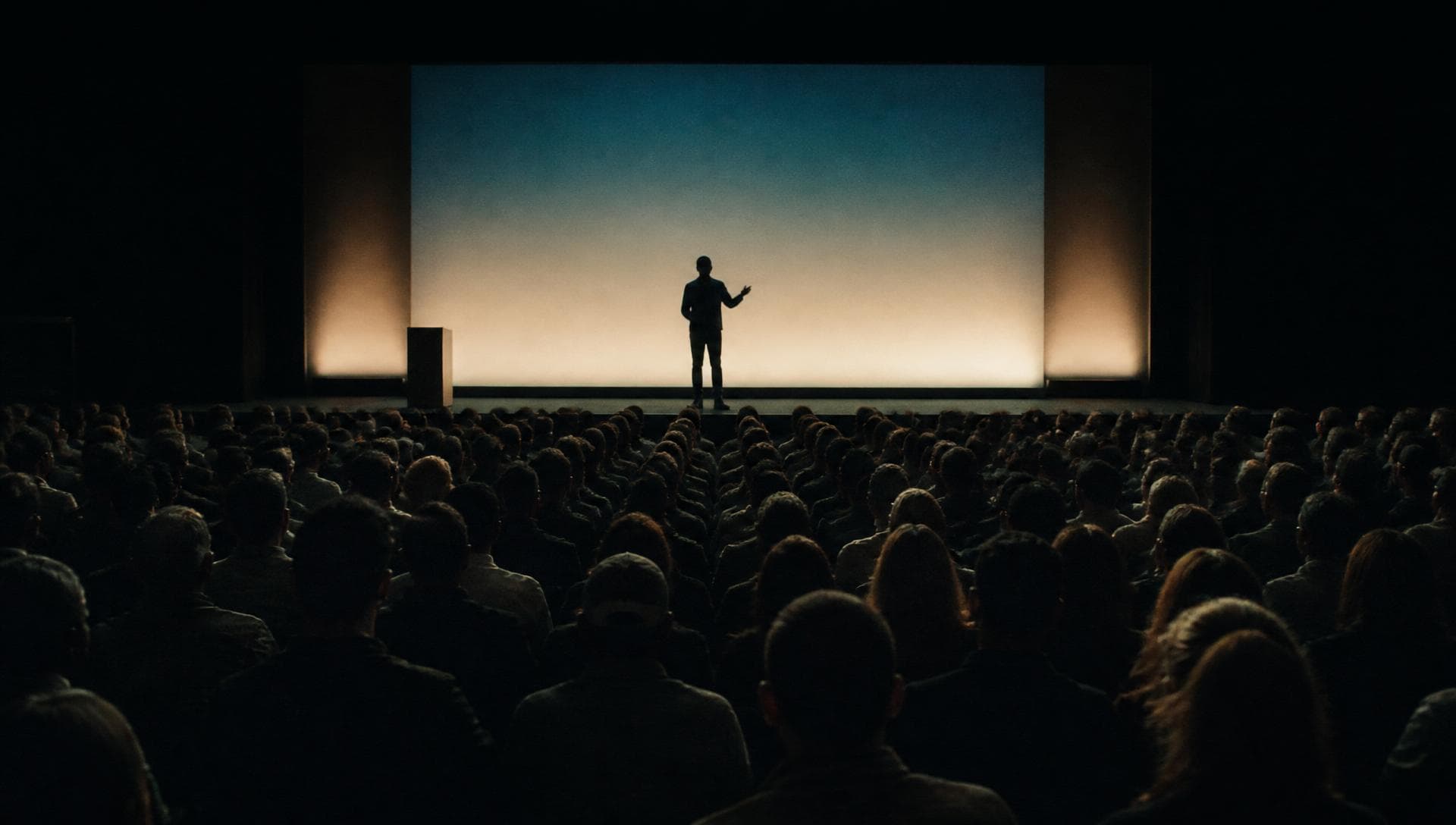 A single speaker silhouetted on a minimal stage before a full attentive audience — cinematic wide shot.