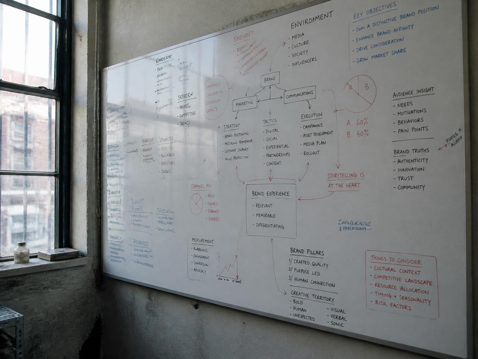 A studio whiteboard covered in product sketches, workshop notes and decision trees — the working surface of a research and development studio.